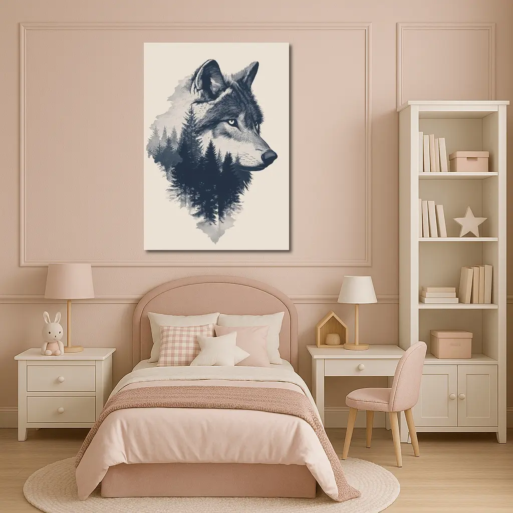 Wolf Double Exposure Pine Forest Art – Wall Art
