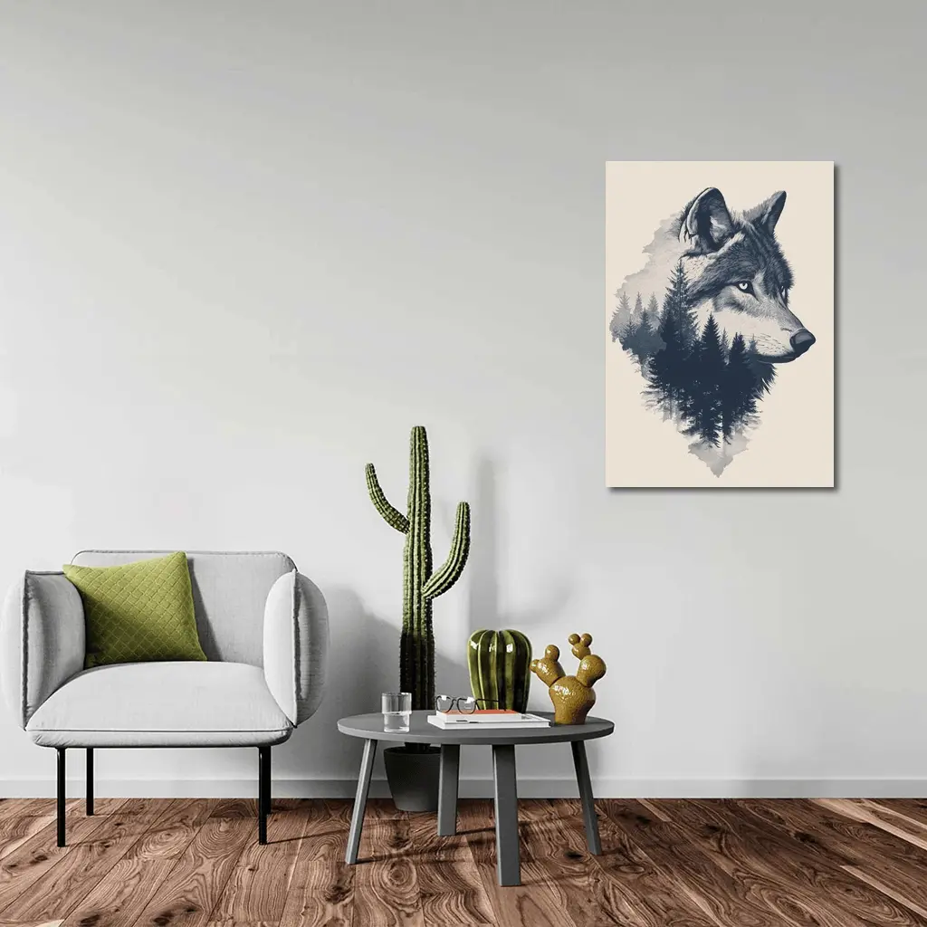 Wolf Double Exposure Pine Forest Art – Wall Art
