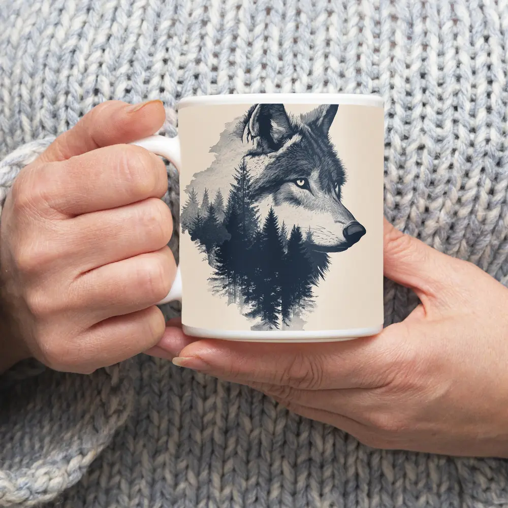 Wolf Double Exposure Pine Forest Art – Mugs