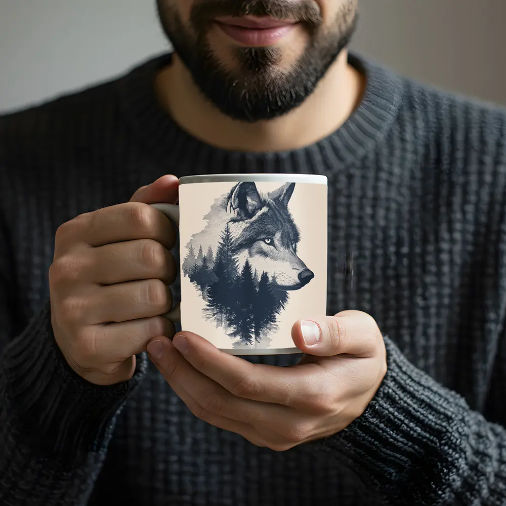 Wolf Double Exposure Pine Forest Art – Mugs