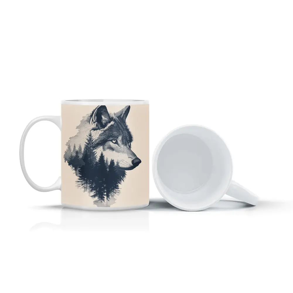 Wolf Double Exposure Pine Forest Art – Mugs