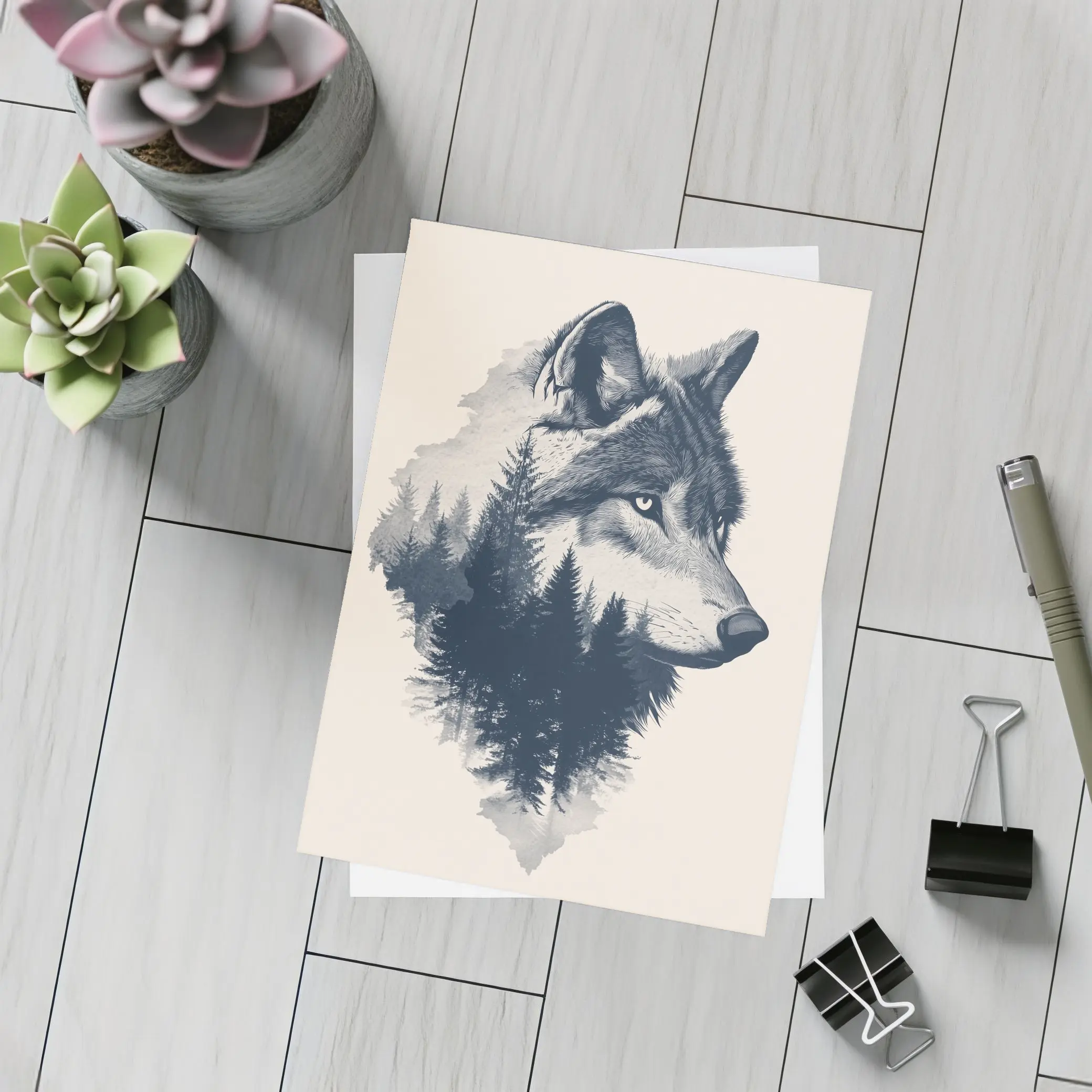 Wolf Double Exposure Pine Forest Art – Postcards