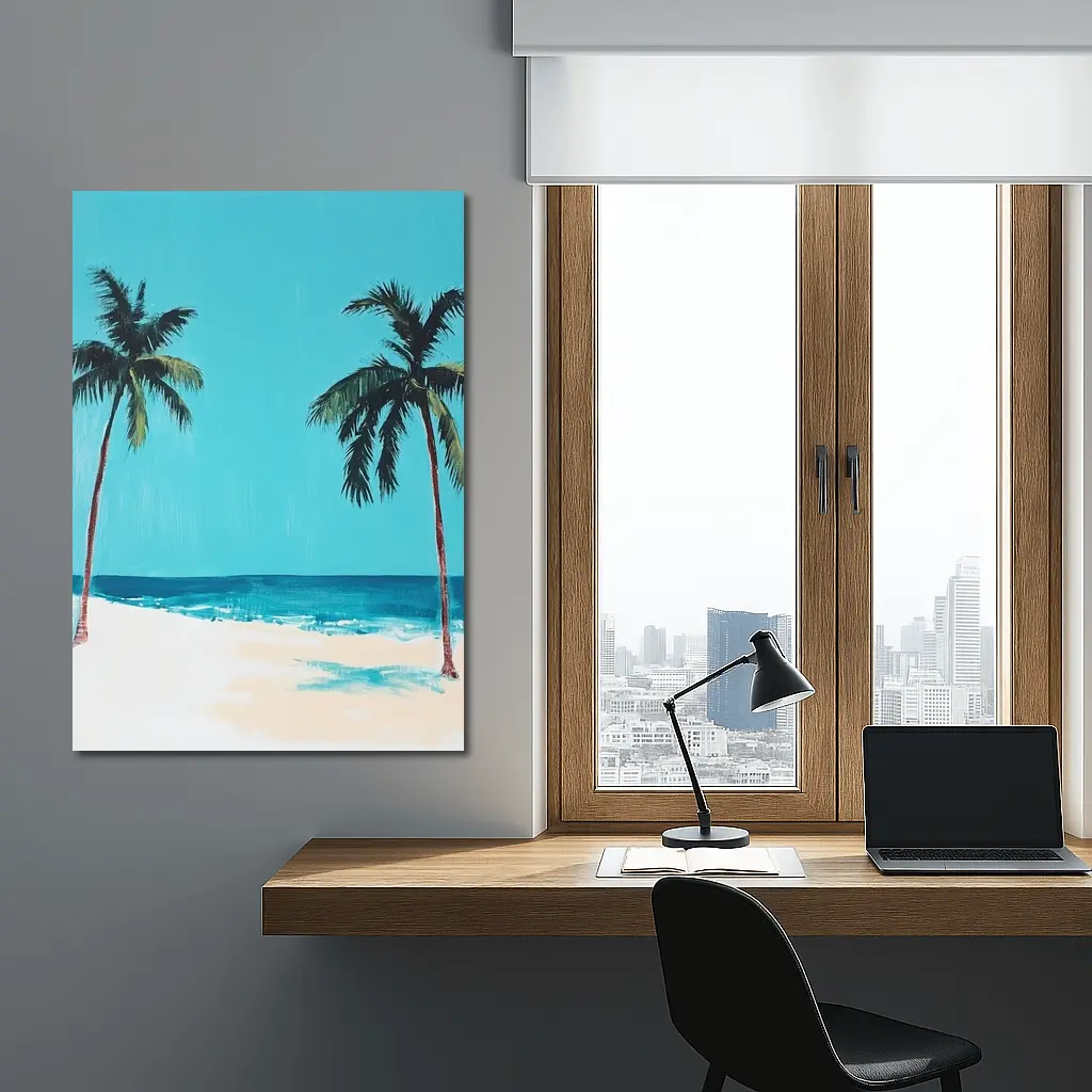 Two Palm Trees Tropical Beach Painting – Wall Art