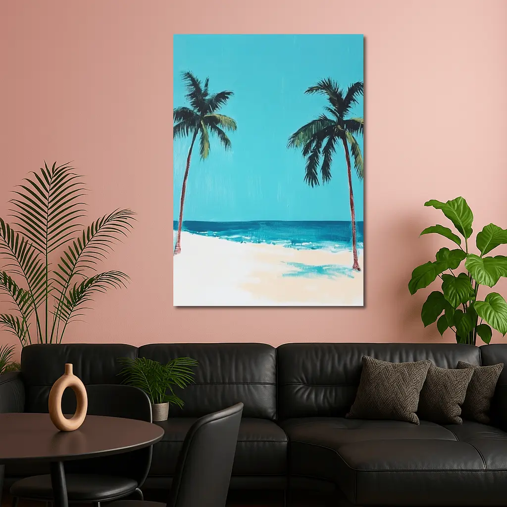 Two Palm Trees Tropical Beach Painting – Wall Art