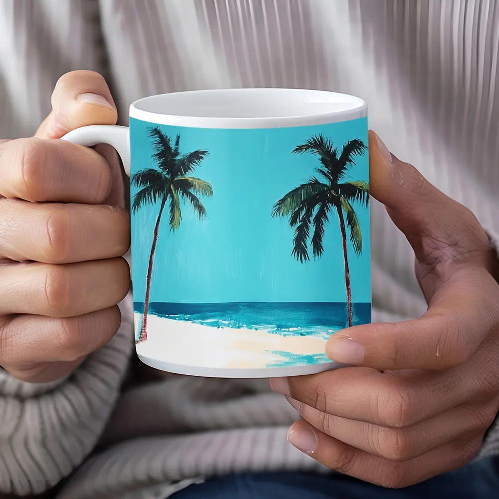 Two Palm Trees Tropical Beach Painting – Mugs