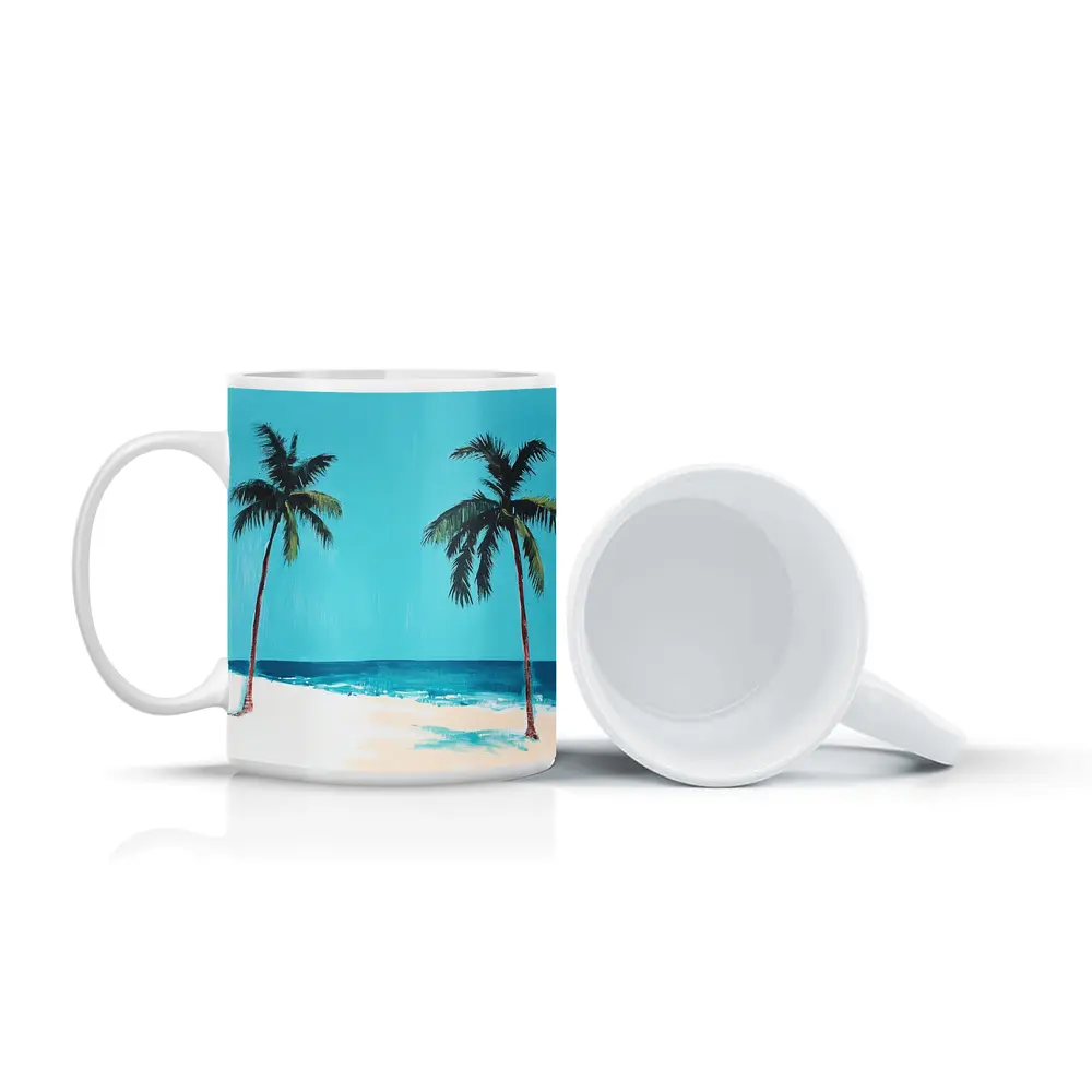 Two Palm Trees Tropical Beach Painting – Mugs