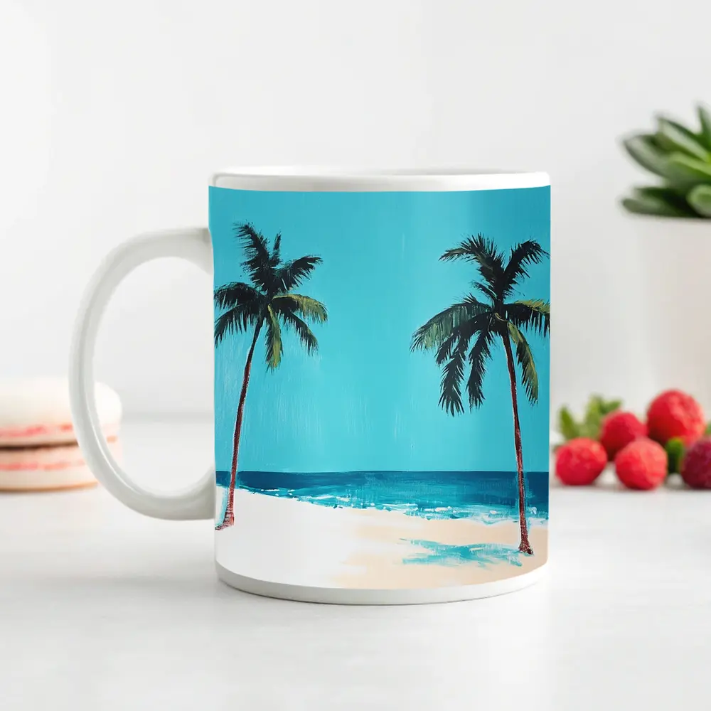 Two Palm Trees Tropical Beach Painting – Mugs