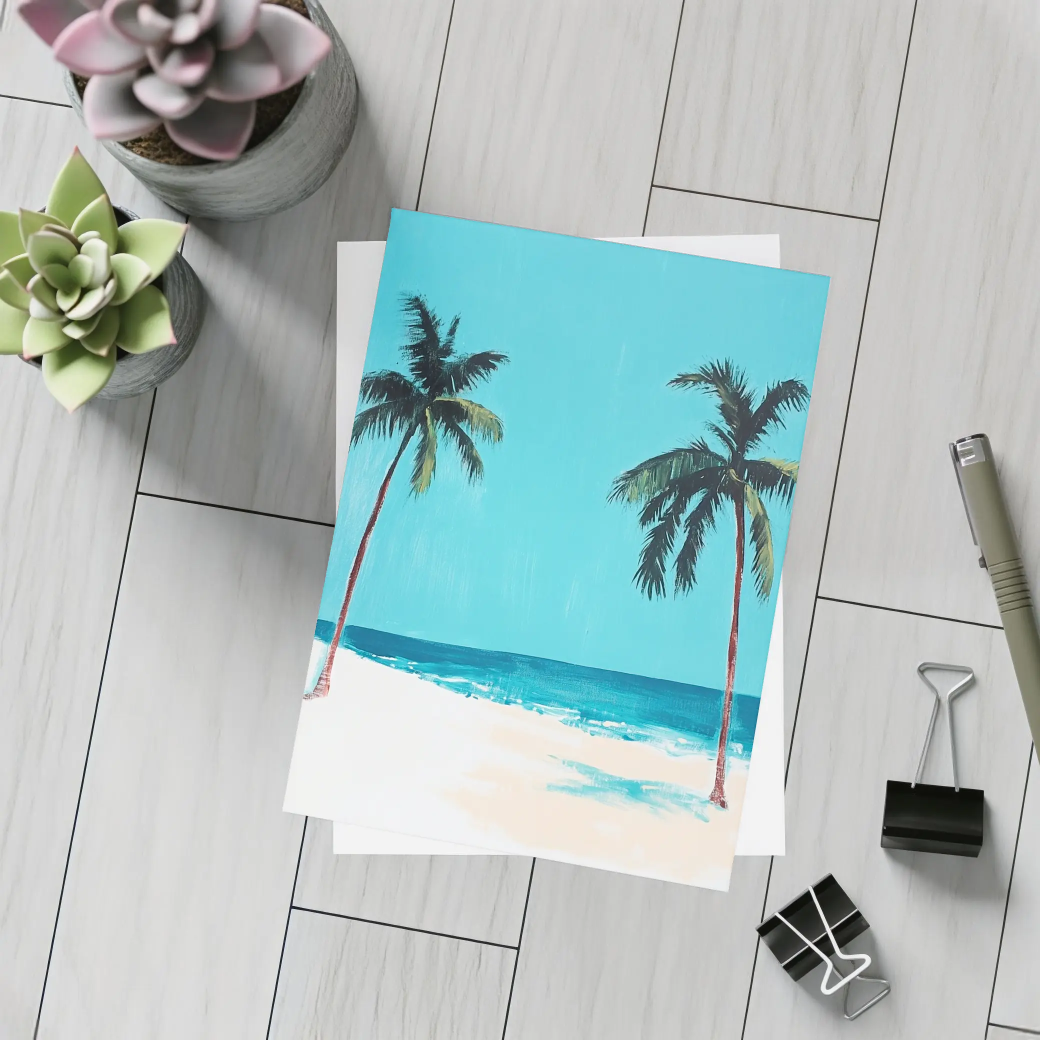 Two Palm Trees Tropical Beach Painting – Postcards