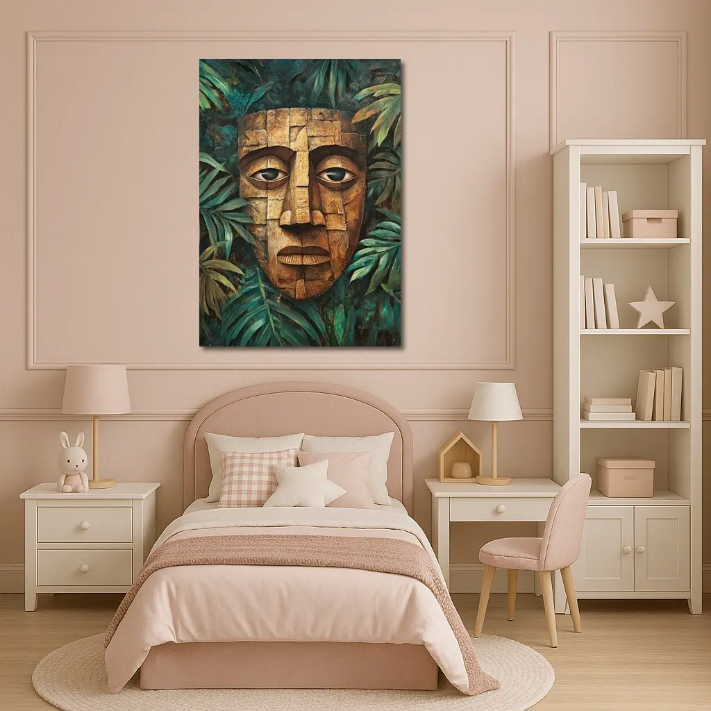 Ancient Stone Mask Jungle Tropical Leaves Painting – Wall Art
