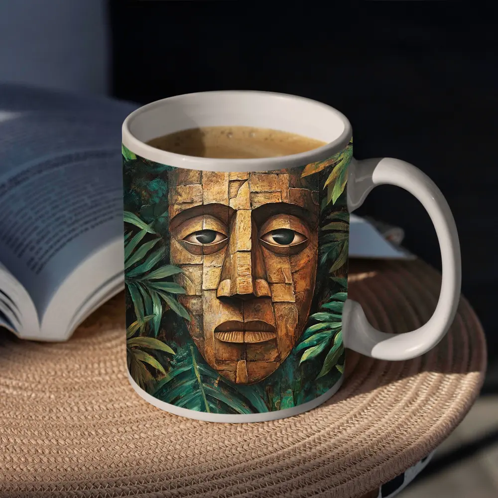Ancient Stone Mask Jungle Tropical Leaves Painting – Mugs