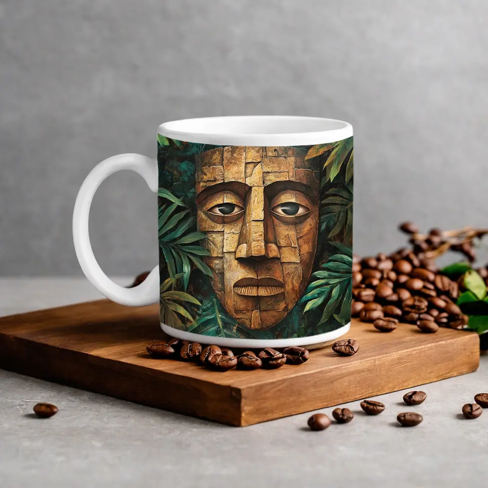 Ancient Stone Mask Jungle Tropical Leaves Painting – Mugs