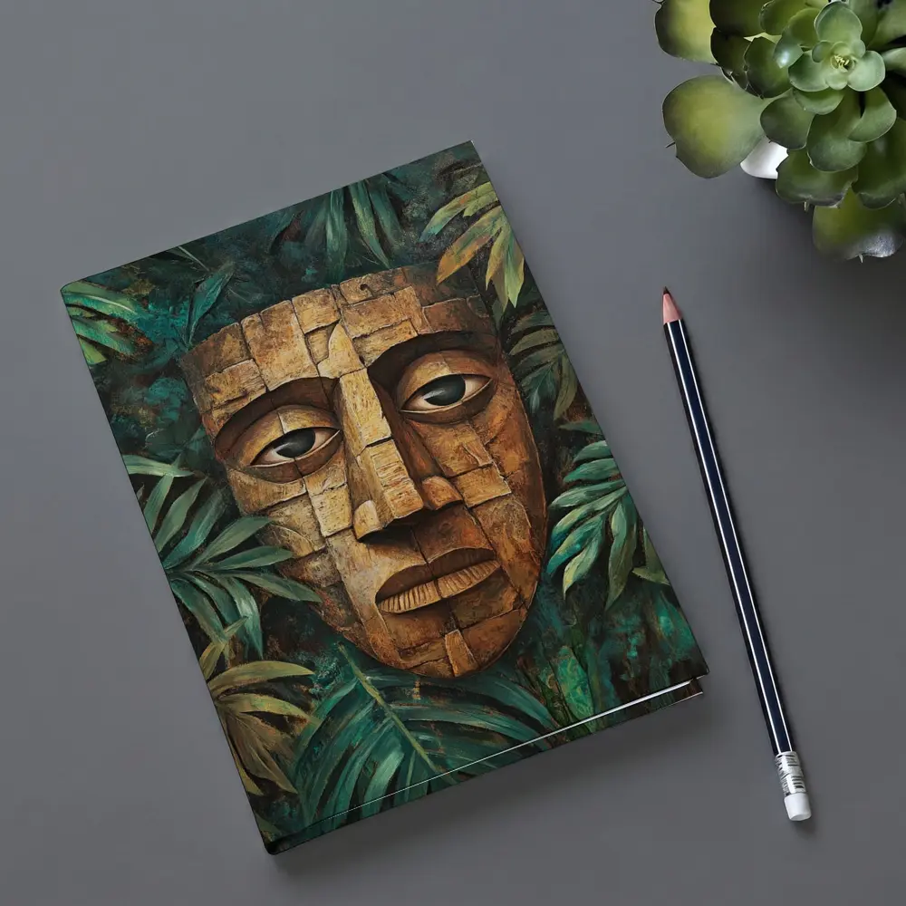 Ancient Stone Mask Jungle Tropical Leaves Painting – Notebooks