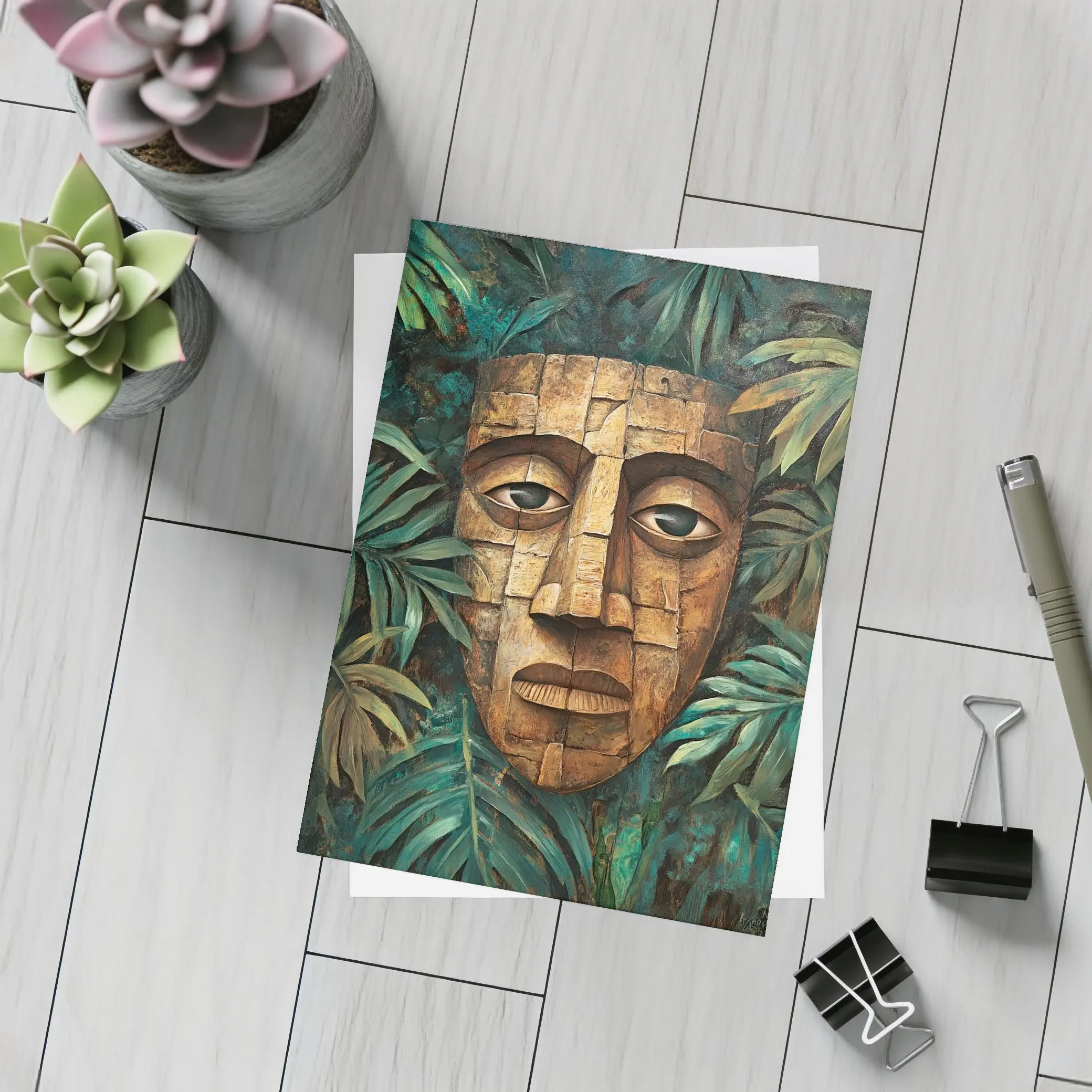 Ancient Stone Mask Jungle Tropical Leaves Painting – Postcards