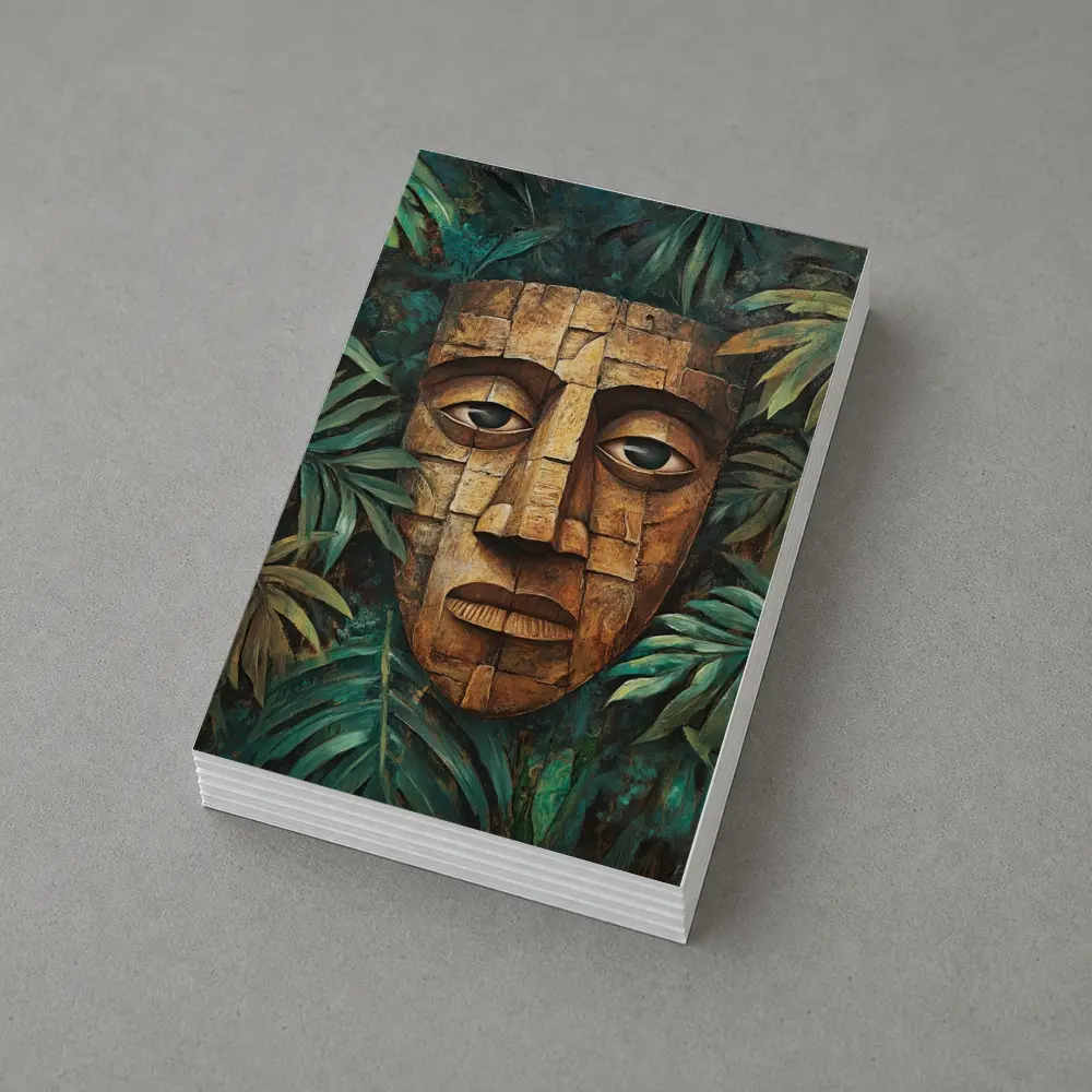Ancient Stone Mask Jungle Tropical Leaves Painting – Postcards
