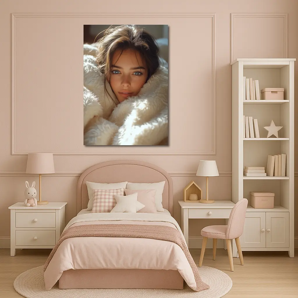 Young Woman Wrapped In Cozy White Blanket – Wall Art