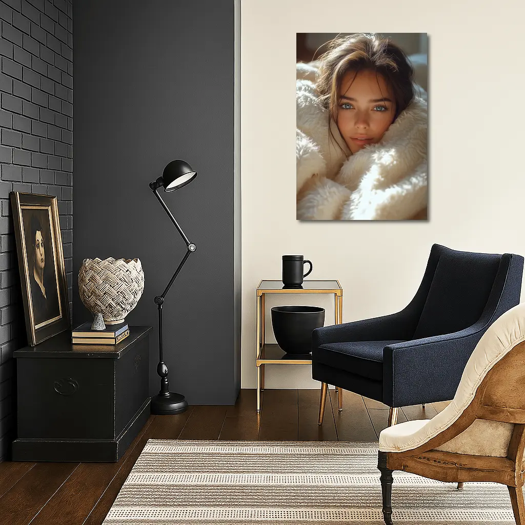 Young Woman Wrapped In Cozy White Blanket – Wall Art