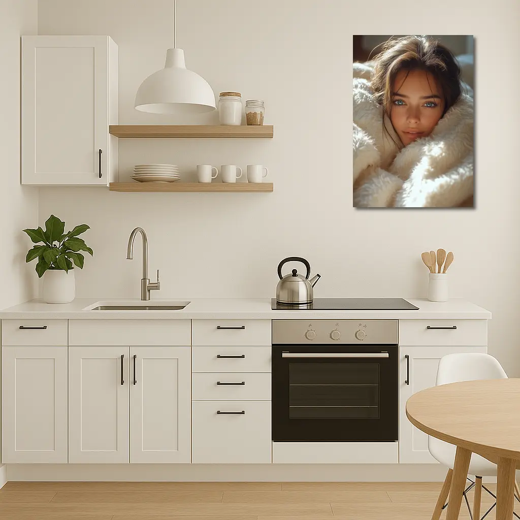 Young Woman Wrapped In Cozy White Blanket – Wall Art