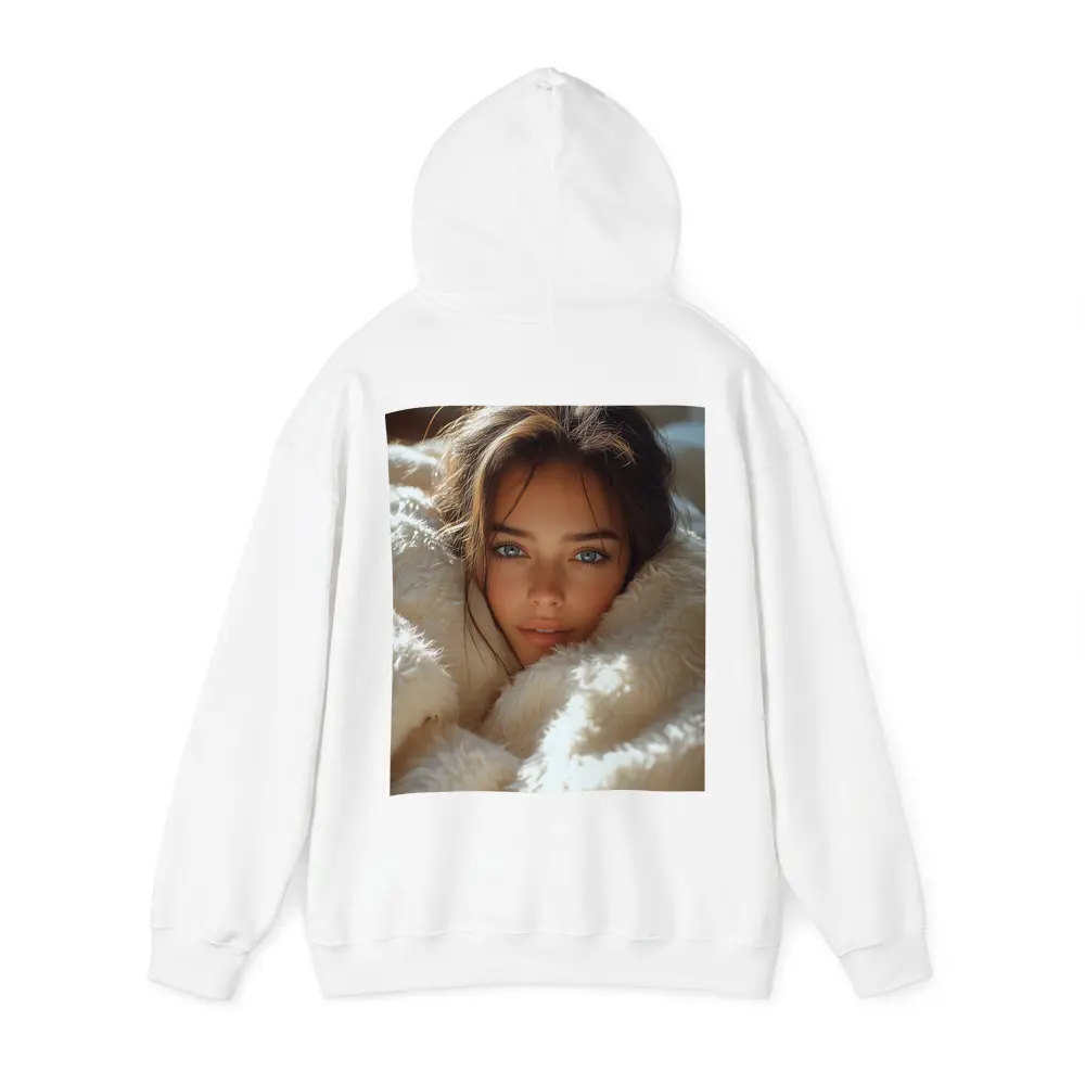 Young Woman Wrapped In Cozy White Blanket – Hoodies