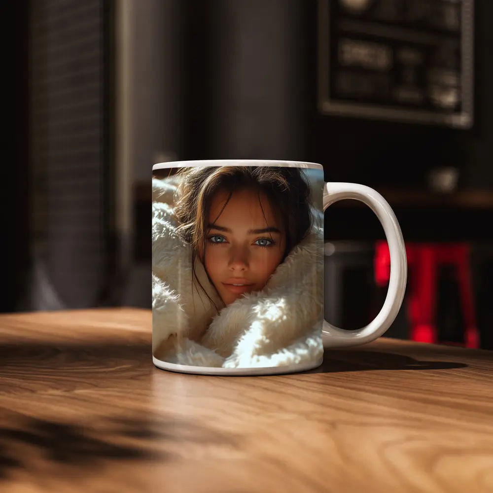 Young Woman Wrapped In Cozy White Blanket – Mugs