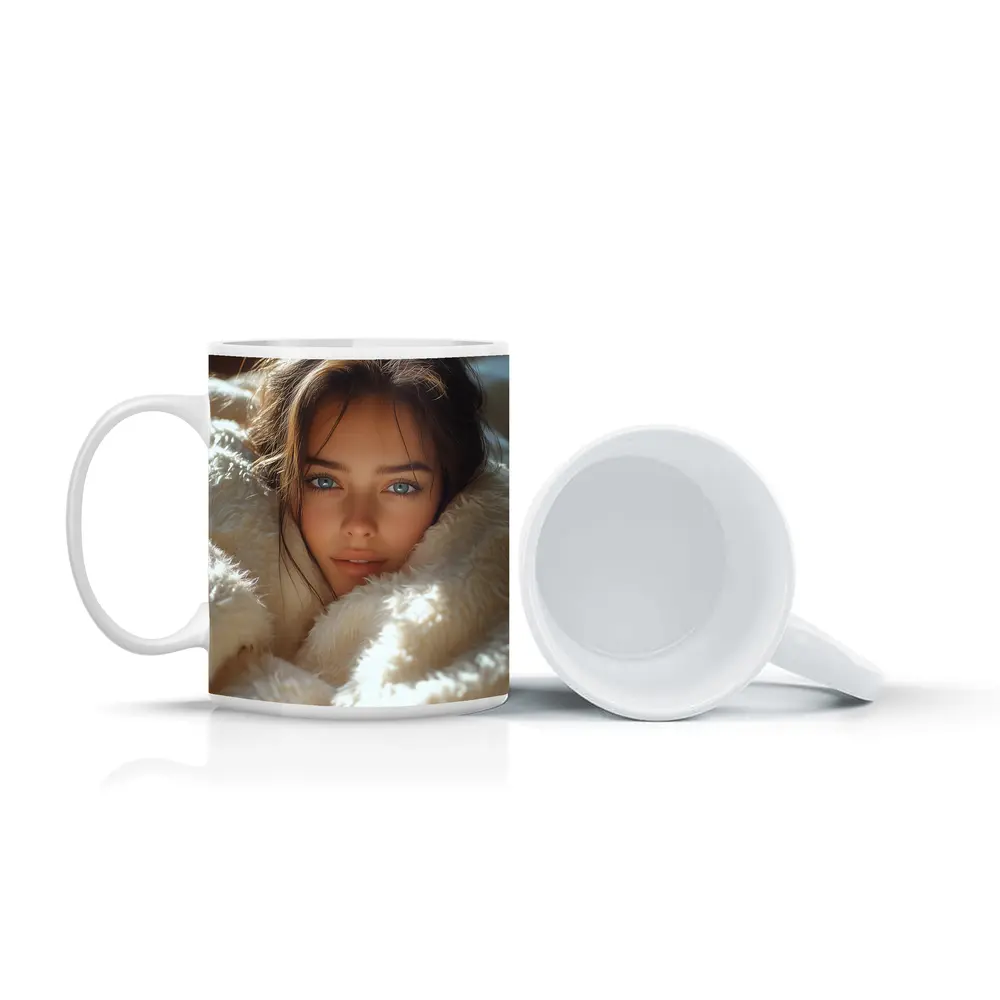 Young Woman Wrapped In Cozy White Blanket – Mugs