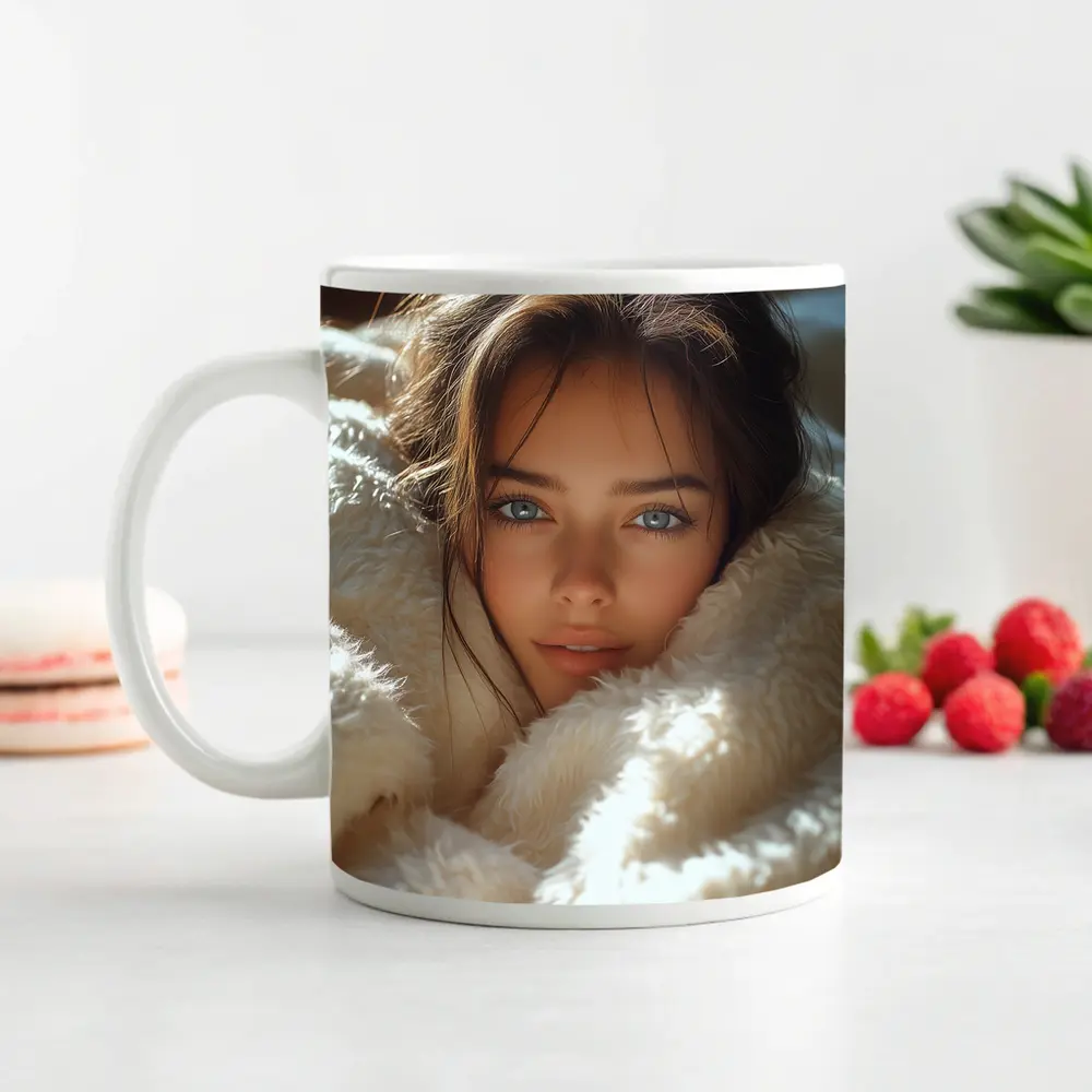 Young Woman Wrapped In Cozy White Blanket – Mugs