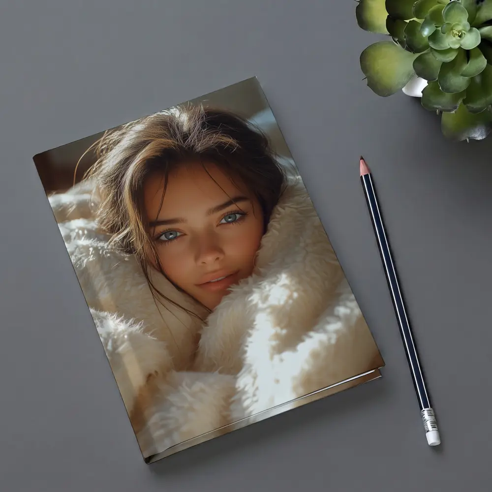 Young Woman Wrapped In Cozy White Blanket – Notebooks