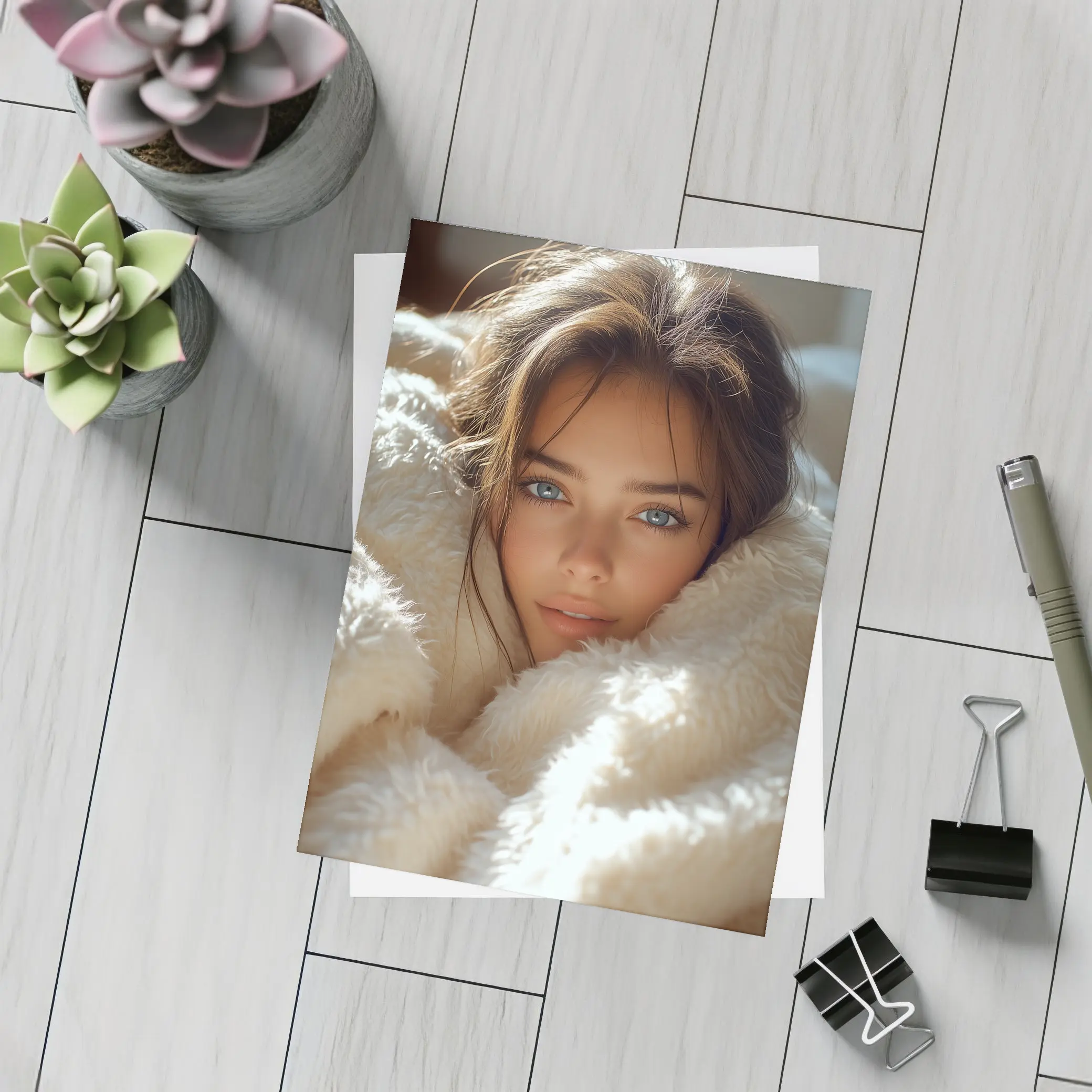 Young Woman Wrapped In Cozy White Blanket – Postcards