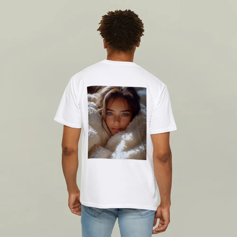 Young Woman Wrapped In Cozy White Blanket – T-Shirts