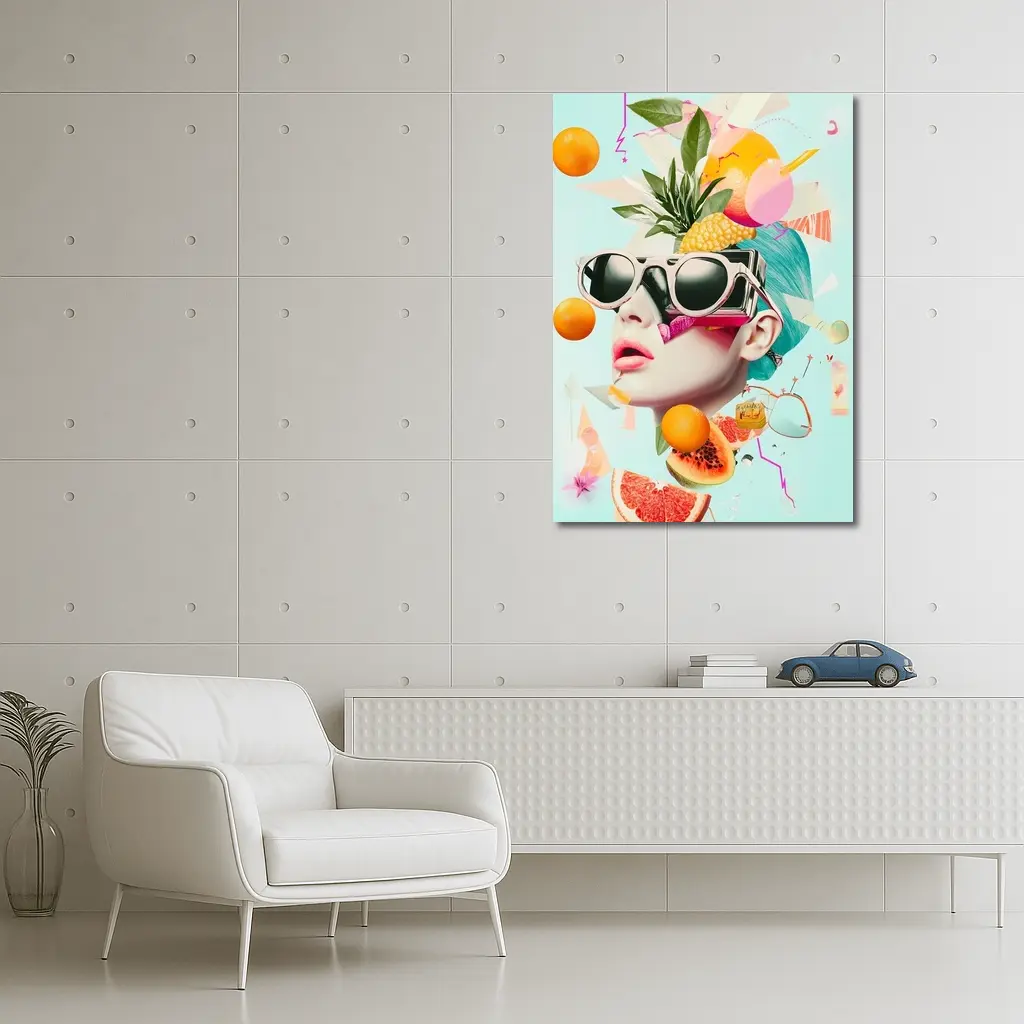 Pop Art Woman Sunglasses Tropical Fruits Collage – Wall Art