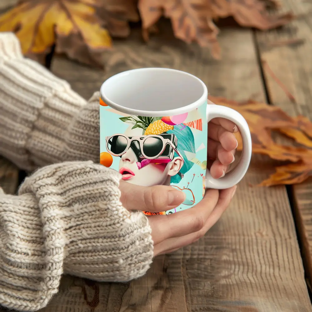 Pop Art Woman Sunglasses Tropical Fruits Collage – Mugs