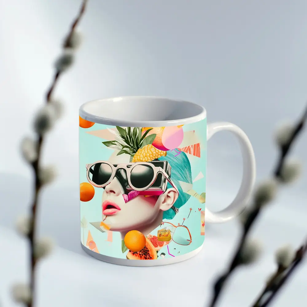 Pop Art Woman Sunglasses Tropical Fruits Collage – Mugs