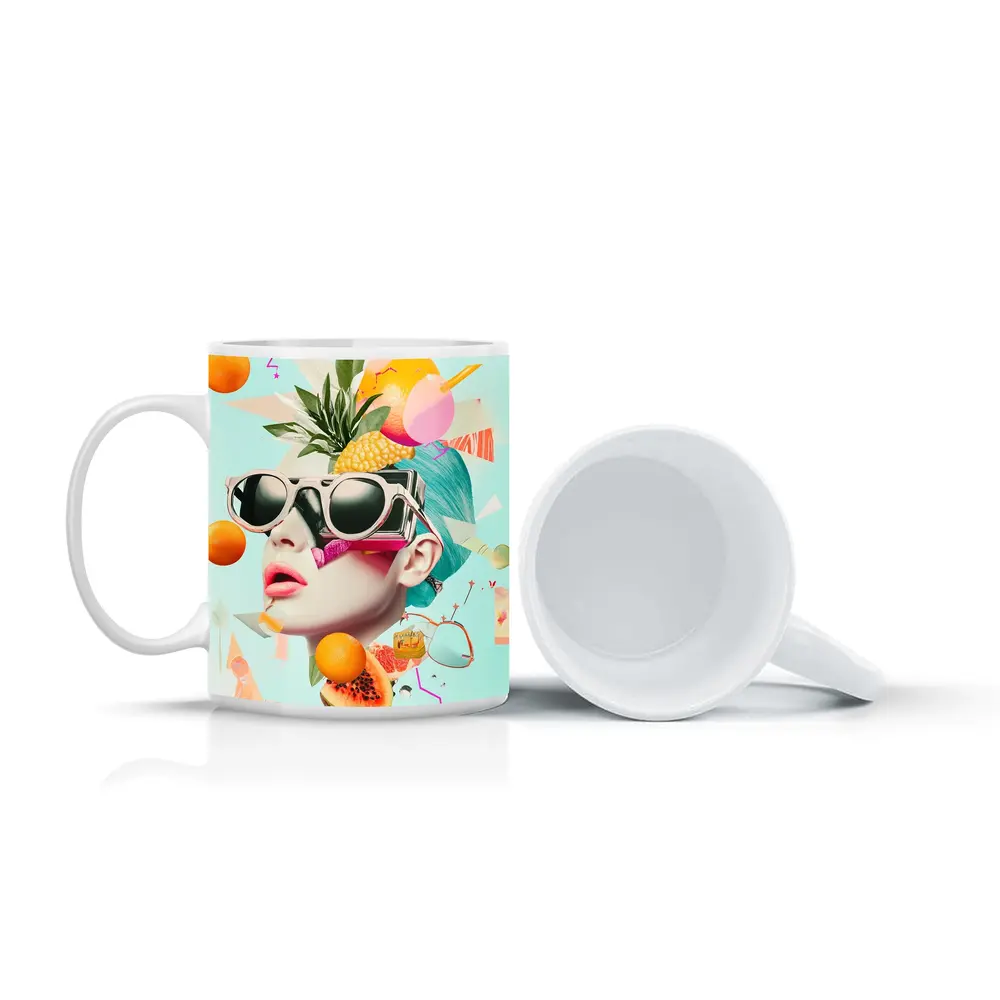 Pop Art Woman Sunglasses Tropical Fruits Collage – Mugs