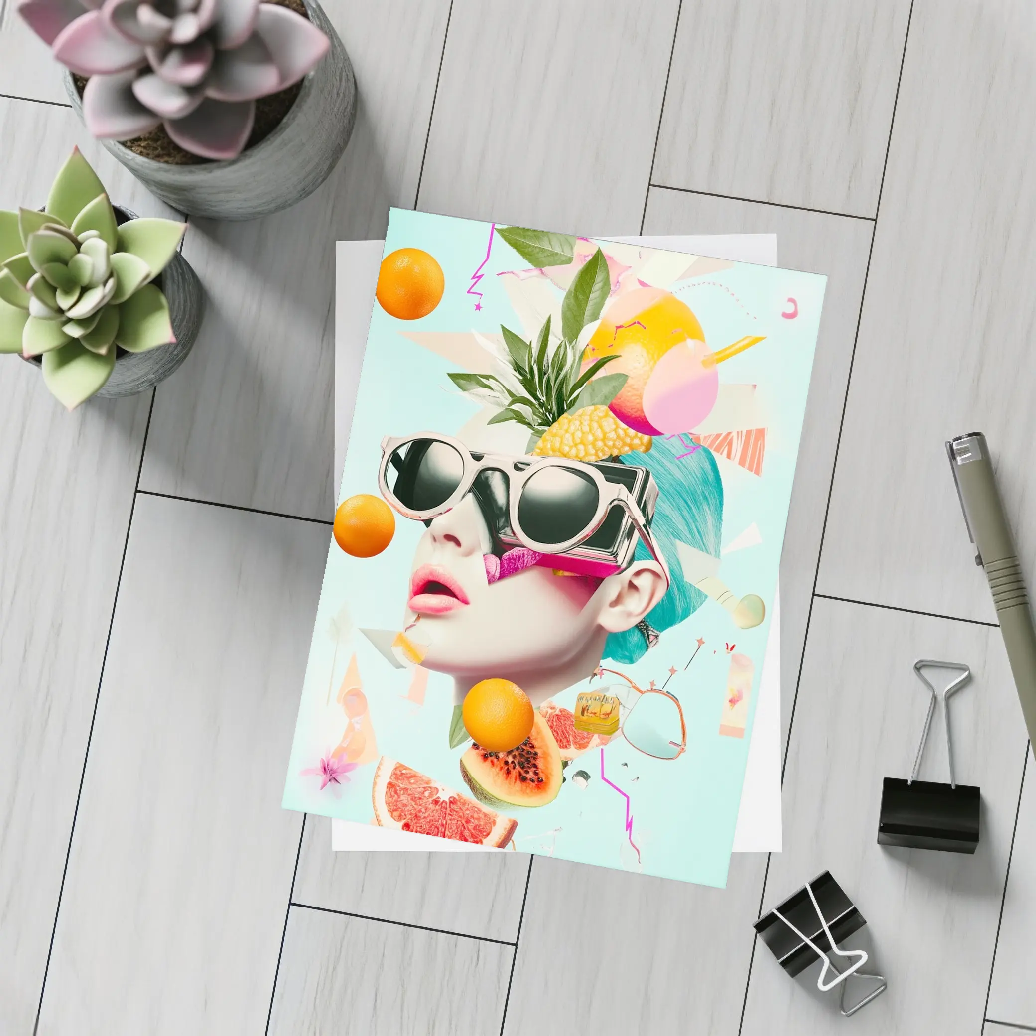Pop Art Woman Sunglasses Tropical Fruits Collage – Postcards