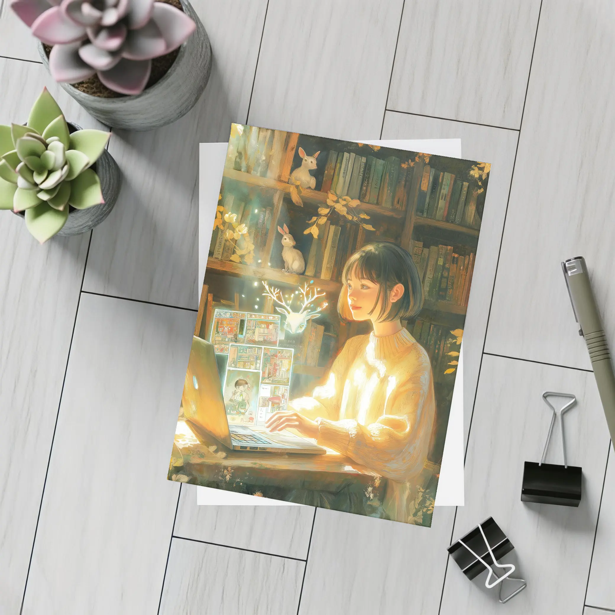 Anime Girl Reading Books Magical Forest – Postcards