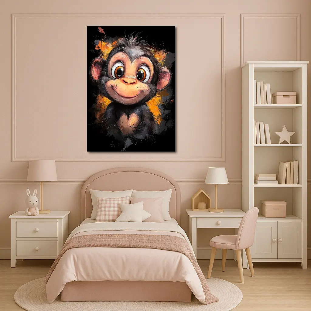 Cute Baby Monkey Cartoon Orange Splash Art – Wall Art