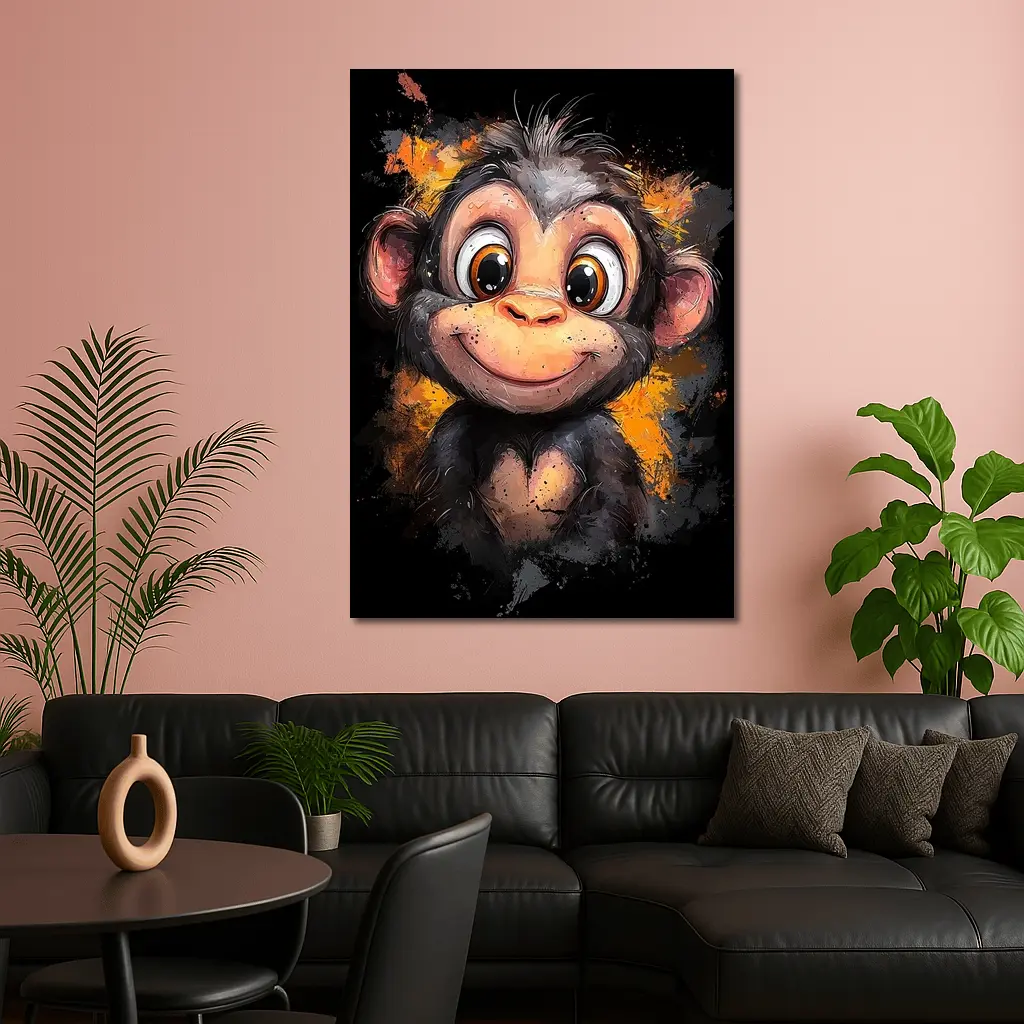 Cute Baby Monkey Cartoon Orange Splash Art – Wall Art