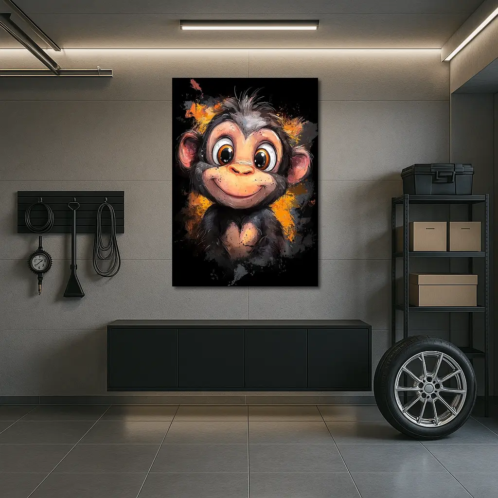 Cute Baby Monkey Cartoon Orange Splash Art – Wall Art