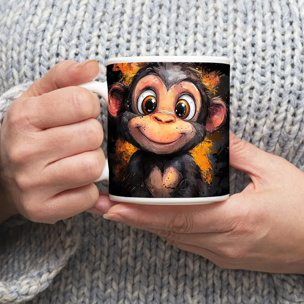 Cute Baby Monkey Cartoon Orange Splash Art – Mugs