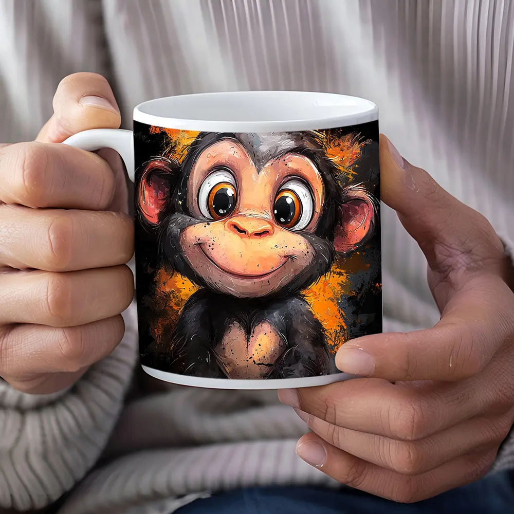 Cute Baby Monkey Cartoon Orange Splash Art – Mugs