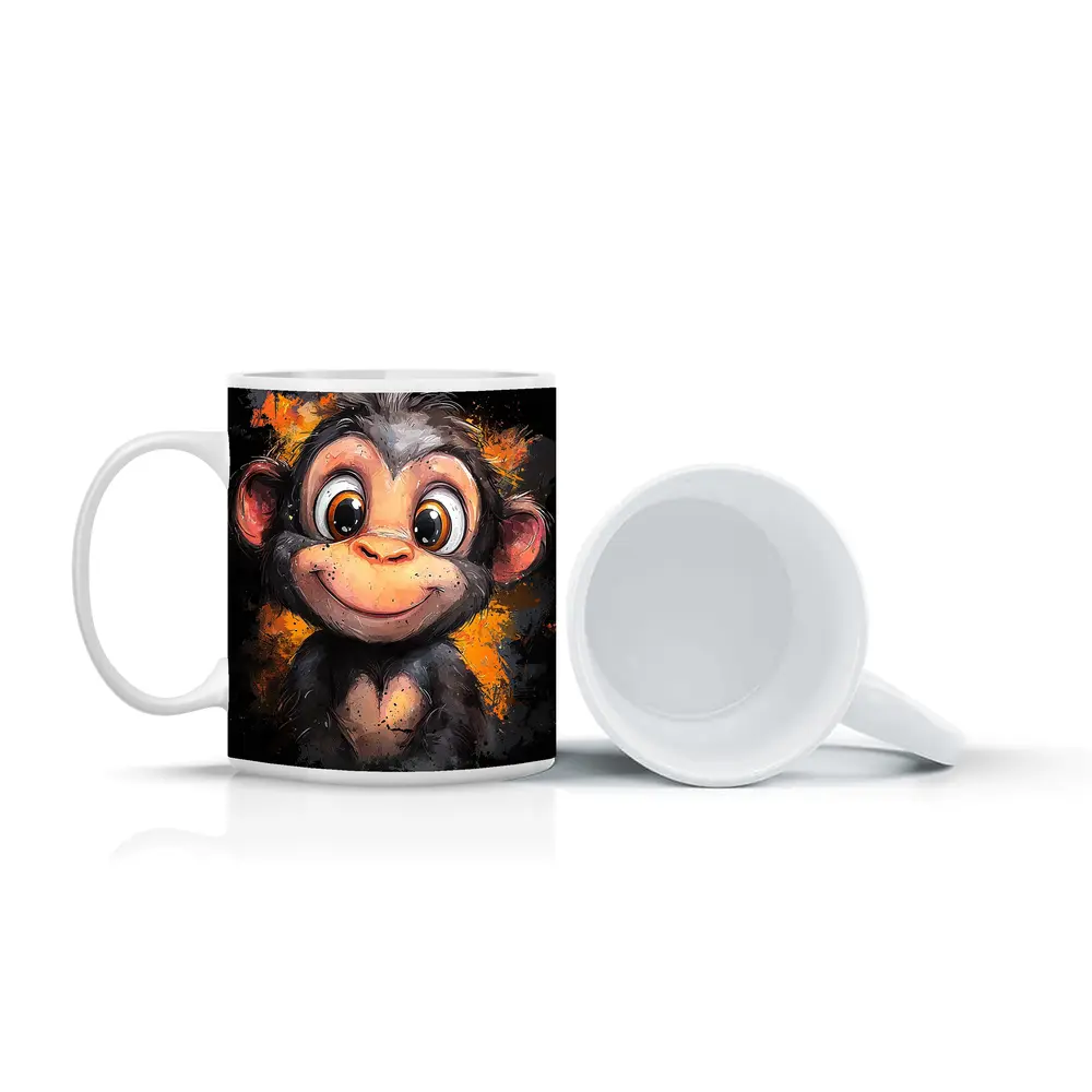Cute Baby Monkey Cartoon Orange Splash Art – Mugs