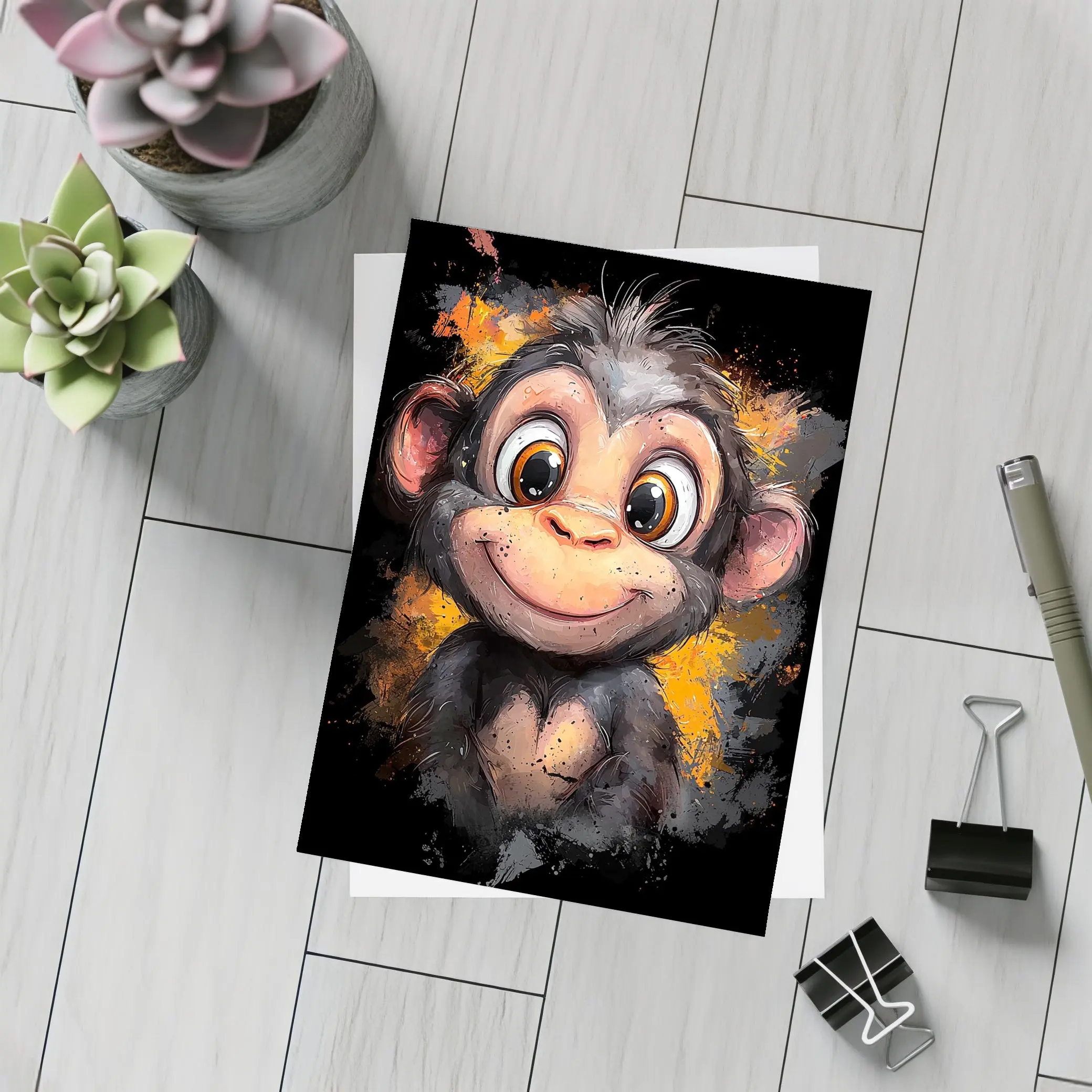 Cute Baby Monkey Cartoon Orange Splash Art – Postcards