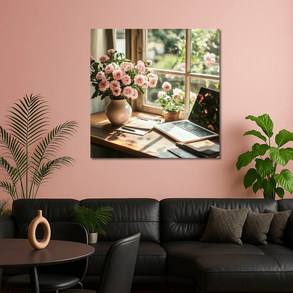 Pink Flowers Desk Window Cozy Home Office – Wall Art