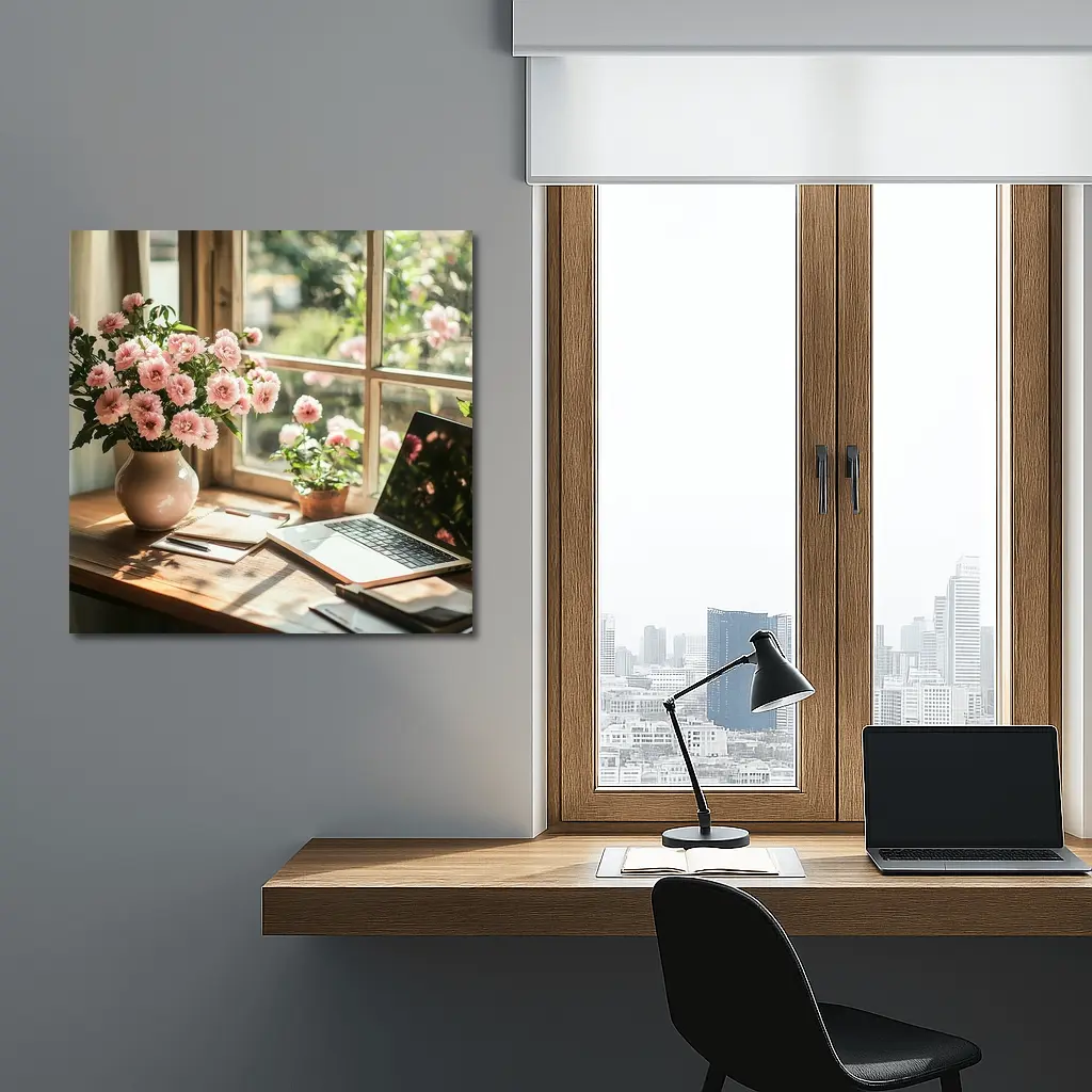 Pink Flowers Desk Window Cozy Home Office – Wall Art