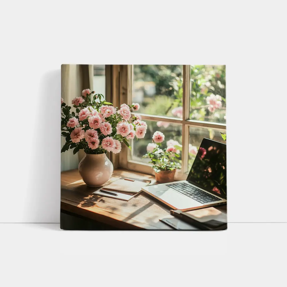 Pink Flowers Desk Window Cozy Home Office – Wall Art