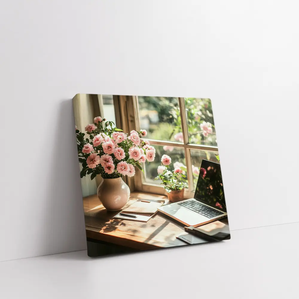 Pink Flowers Desk Window Cozy Home Office – Wall Art