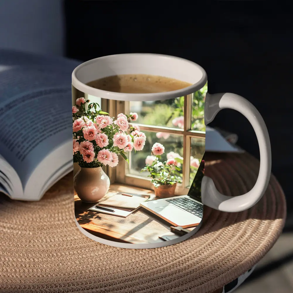 Pink Flowers Desk Window Cozy Home Office – Mugs