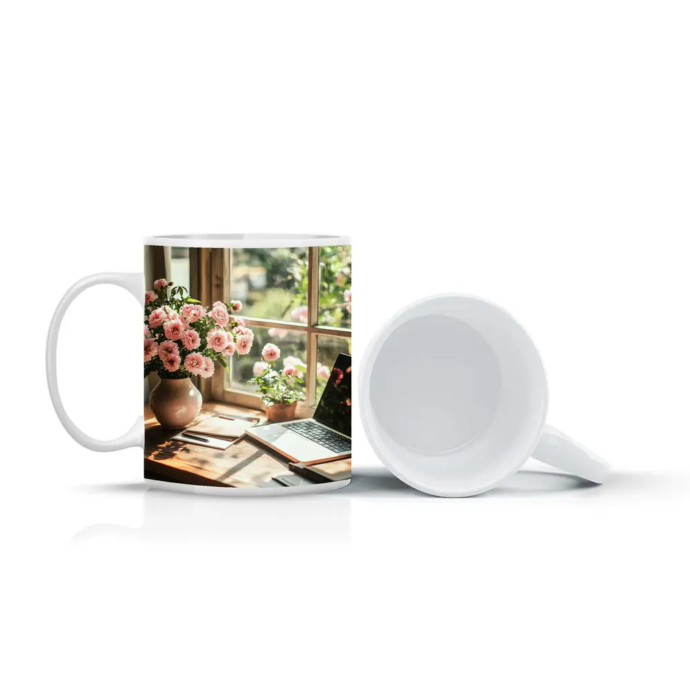 Pink Flowers Desk Window Cozy Home Office – Mugs