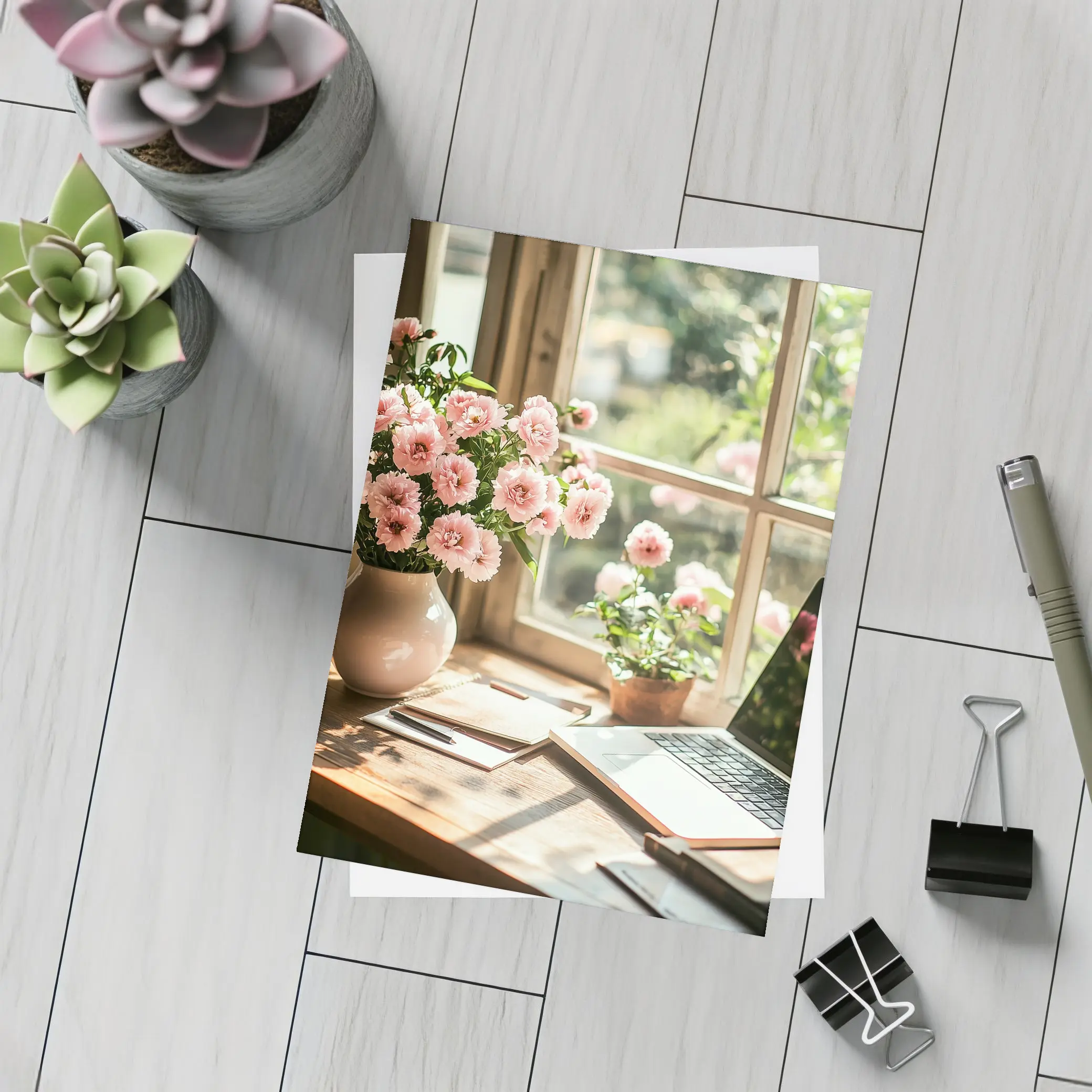 Pink Flowers Desk Window Cozy Home Office – Postcards