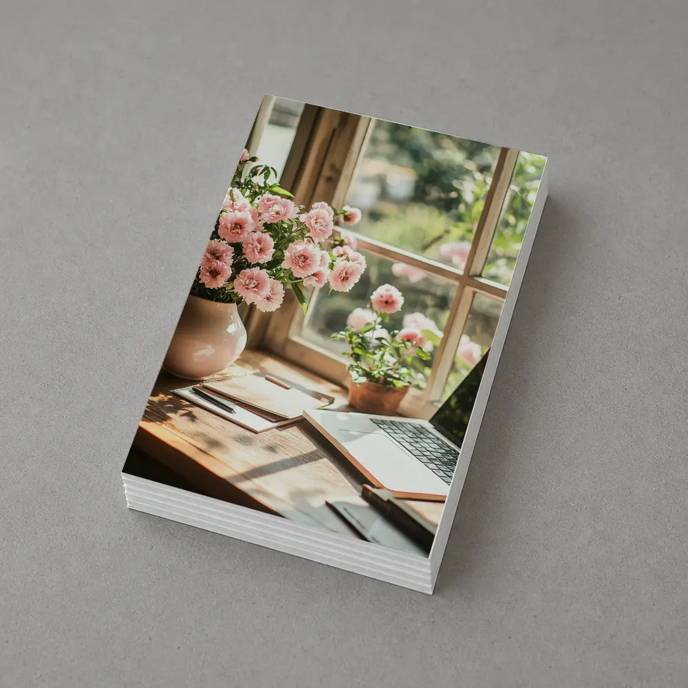 Pink Flowers Desk Window Cozy Home Office – Postcards