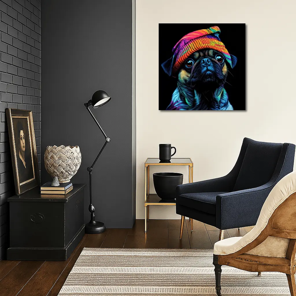 Colorful Pug Dog Wearing Rainbow Beanie Hat – Wall Art